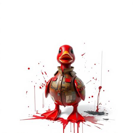 This image is a digital artwork that combines elements of abstract expressionism and industrial themes. The central figure is a windup duck toy . The toy duck attire is a combinaton of bright red pain and pictures of industry, with the The background is stark white, creating a high contrast that emphasizes the bright smooth textures of the ducks form. The image has a chaotic, dynamic feel, with splatters and drips of paint-like elements adding to the sense of movement and energy.  The artwork uses a combination of digital and traditional painting techniques to create a unique, impactful image.