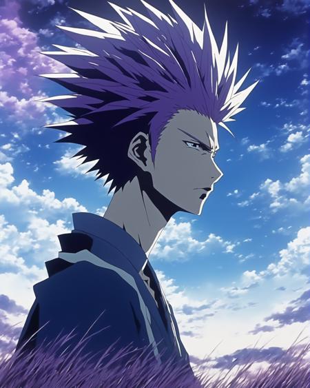 male anime protagonist in deep concentration, in the style of 2000s Japanese anime, intricate detail, spiky mounds, exaggerated facial features, blink-and-you-miss-it detail, spiritual figures, tagging-like marks, sky background, blue and purple tones, hazy footage, full body shot in an open field, best quality, masterpiece