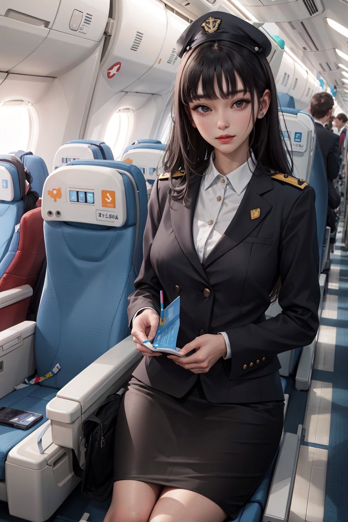 (masterpiece:1.2, best quality), 1lady, solo, Flight attendant, Uniform, Airplane, Serving passengers, Providing safety in...