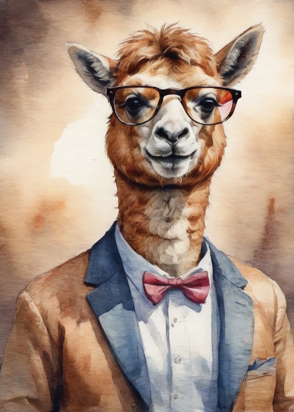 a pretentious hipster alpaca with sunglasses on a magazine cover watercolor painting portrait