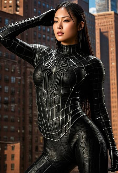 score_9, score_8_up, score_7_up, best quality, realistic, masterpiece, beautiful detail, hyperrealistic, afternoon sky, ((1girl, woman body, big breasts)), amazing detailed full body portrait of a beautiful japanese girl, wearing a realistic and highly detailed black raimi spider-man suit, ((huge muscular girl)), professional model wears ultra - detailed black raimi spider - man suit, ultra - detailed and grained black raimi spiderman suit, suit covered entire body and hand, black spiderman gloves, wet, (spread leg), (full body), (dirty skin), close up, octane render, highly detailed, volumetric, dramatic lighting, (highest quality:1.1), (HDR:1.3), (top quality, best quality), realistic, high definition,
