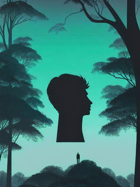 <lora:OllyMoss:1>a movie poster with a silhouette of a man's head with trees growing out of it by Olly Moss