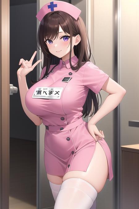 Shirakawa Ryouko nurse cap,pink hat,long hair,brown hair,brown eyes,parted bangs,purple eyes pink dress,impossible clothes,name tag,huge breasts,taut clothes,side slit,white thighhighs,zettai ryouiki,high heels