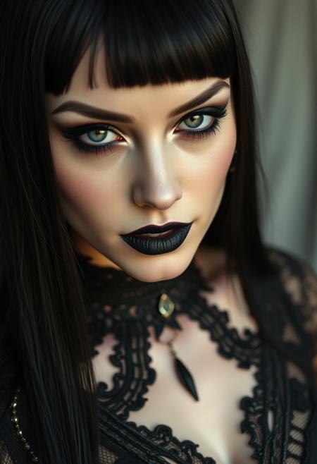 closeup portrait of goth vampire-esque woman mid 30s, thin fit, big boobs, jet black sleek hair, dramatic smokey eye makeup, high-neck black lace top, black lipstick, subtle tear-shaped face jewel, soft moonlight on pale skin, photorealistic  
closeup, photorealism, black hair, big boobs, thin fit, smokey eye, lace top, black lipstick, moonlight, face jewel
fullbigttgothgflady-mk.1