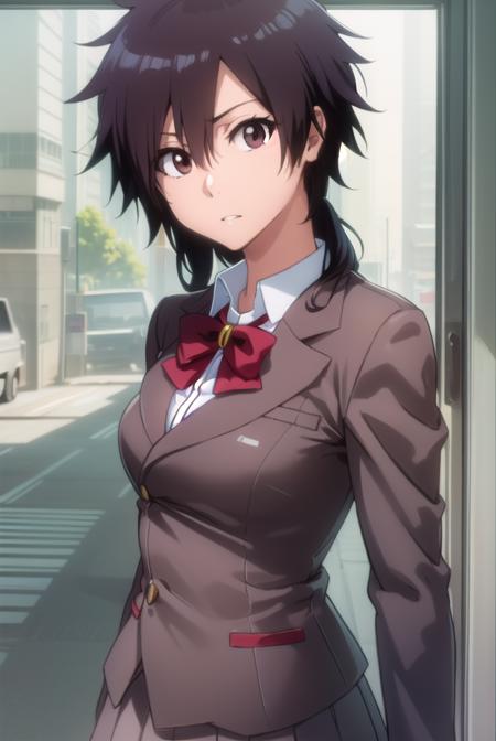 tatsuki, short hair, black hair, long hair, (brown eyes:1.5), skirt, bow, school uniform, jacket, blazer, red bow, long sleeves, grey blazer, grey skirt, t-shirt, shirt, yellow shirt, short sleeves, pants, purple pants,