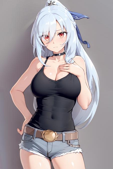 masterpiece, best quality,  <lora:jingliu-mver-000008:1>,<lora:style04:1>,jingliu, 1girl, breasts, solo, long hair, shorts, shirt, white shorts, cleavage, black shirt, red eyes, white background, choker, bangs, closed mouth, hand on hip, looking at viewer, black choker, belt, simple background, large breasts, sideboob, grey hair, hair between eyes, fu hua, very long hair, sleeveless shirt, cowboy shot, hand on own chest, ponytail, hair ornament, short shorts, sleeveless, collarbone, jewelry, standing