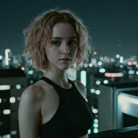 cyborg young woman, dark cyberpunk, highly detailed face, pale fragile delicate body, frizzy bob cut hair, (stylish haircut:0.9), wearing a tight futuristic open black hi-tech tactical techwear crop top, subtle cyberware, standing on a cyberpunk Japanes city rooftop at night, scenic view, cinematic scene, cinematic lighting, analog-style photo, grainy amateur lo-fi portrait photo, desaturated colors, (low contrast), distracted, b-cup breasts, eyeliner, (eyeshadow:1.1), shy, blushing, raw photo, phone photo, 3/4, (upper body portrait shot), medium shot, accidental art, candid, crisp image, high detail, (eyebags:0.7)
