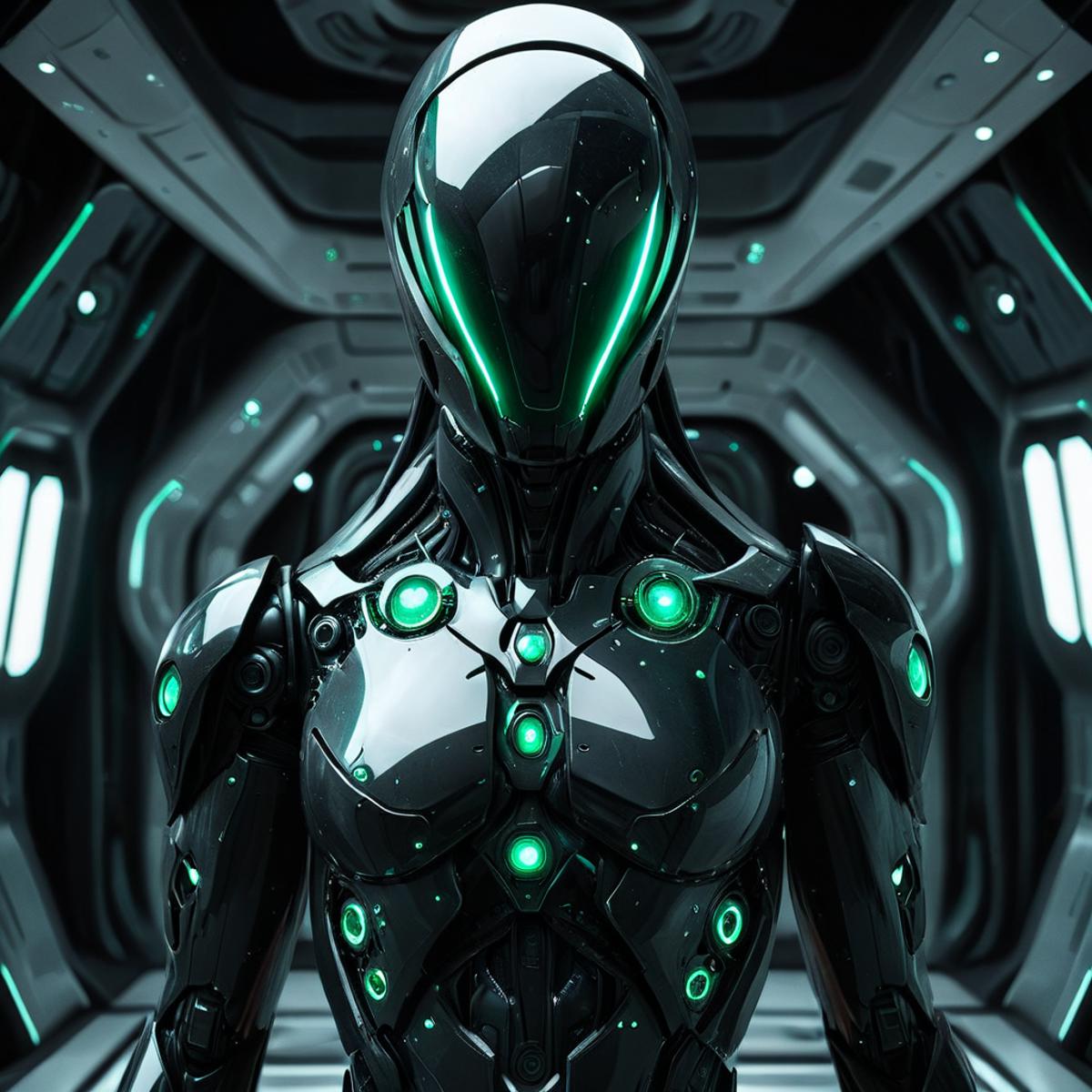 A Robotic Suit with Green Lights on the Chest and Shoulder