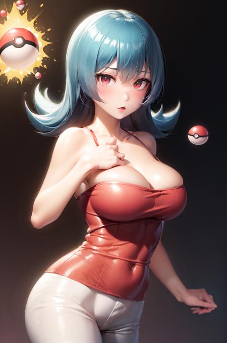 (masterpiece, best quality:1.2), 1girl, solo, sabrina, pokemon, flipped hair, aqua hair, red eyes, red tank top, white pants, bare shoulders, telekinesis, camisole, large breasts, floating objects, pokeballs, simple background <lora:SABRINA-15:0.9>