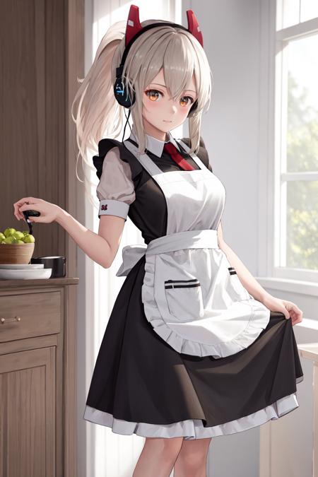 masterpiece, best quality, highres, 1girl ponytail headgear headphones <lora:ayanami_niconico_no_outfit:1> maid apron