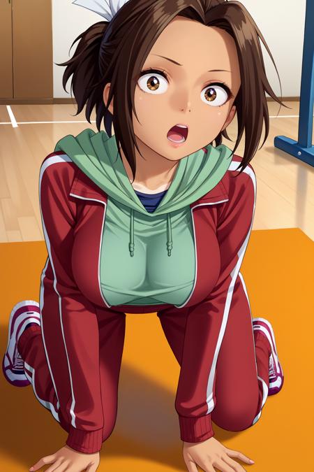 hazakura, brown hair, short ponytail, short hair, brown eyes, tan, large breasts hair ribbon, red jacket, green hoodie, track pants, red pants hair ribbon, dark blue coat, fur trim, cleavage, dark blue shirt, belt, dark blue skirt hair ribbon, red jacket, blue one-piece swimsuit