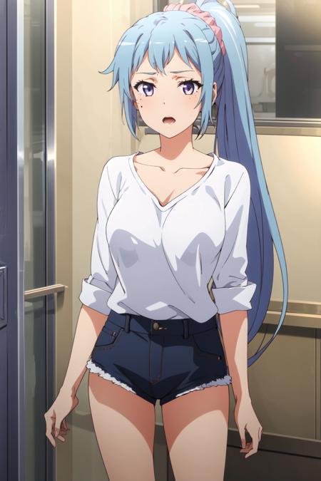 <lora:anime_screencap_v2:0.3> tall body, tall, long legs, mature female, mature, adult, <lora:GoodHands-beta2:1.4>,
 <lora:eft_oregairu_kawasaki-02:0.8> Eft_Oregairu_Kawasaki, 1girl, solo, purple eyes, ponytail, blue hair, long hair, scrunchie, mole under eye, open mouth, shirt, white shirt, mole, pink scrunchie, anime coloring, hair scrunchie, collarbone, hair ornament, upper body, indoors