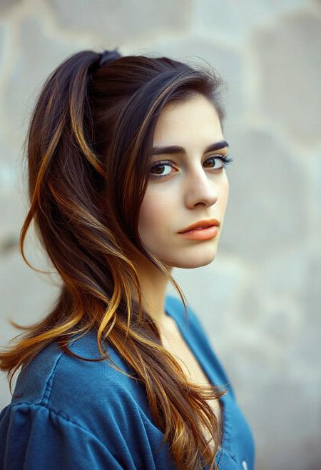 An armenian woman with brunette hair in a long ponytail with golden purple and orange tips,  ,portrait shot from the front, 85mm, velvia. The photo should be extremely detailed, and in RAW photo format. 44d bust, boob focus, 1993, 90s home video, nostalgic 90s photo, taken with kodak disposable camera