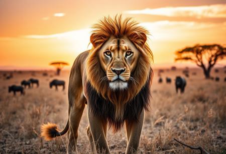 "Masterpiece, best quality, highres, ultra-detailed, cinematic lighting. A majestic lion stands in the heart of the sun-scorched savanna, staring directly at the viewer with piercing golden eyes. Its powerful frame is accentuated by the warm glow of the setting sun, casting long shadows over the dry grass. The lion’s thick, flowing mane ripples in the wind, a mix of deep amber, tawny brown, and hints of black. Muscles ripple beneath its sleek fur, each detail meticulously rendered, from the faint battle scars on its muzzle to the subtle dust clinging to its coat. The savanna stretches endlessly behind it, with acacia trees silhouetted against the fiery hues of the dusk sky. Wisps of dust rise from the cracked earth, swirling in the soft breeze. A few distant silhouettes of wildebeests and zebras graze under the fading light, their presence barely noticeable against the vast horizon. The lion’s expression is regal, unwavering, exuding both dominance and wisdom an apex predator, yet a guardian of the land. The atmosphere is tense, as if the lion is studying its observer, deciding whether to attack or simply acknowledge their presence. The composition is perfectly balanced, with the lion slightly off-center, drawing immediate focus to its intense gaze and the intricate details of its face and mane."