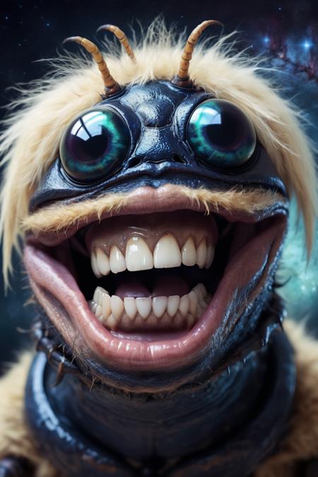 portrait of a beetle monster, human smile, human teeth,galaxy eyes, lips, blonde fur on head