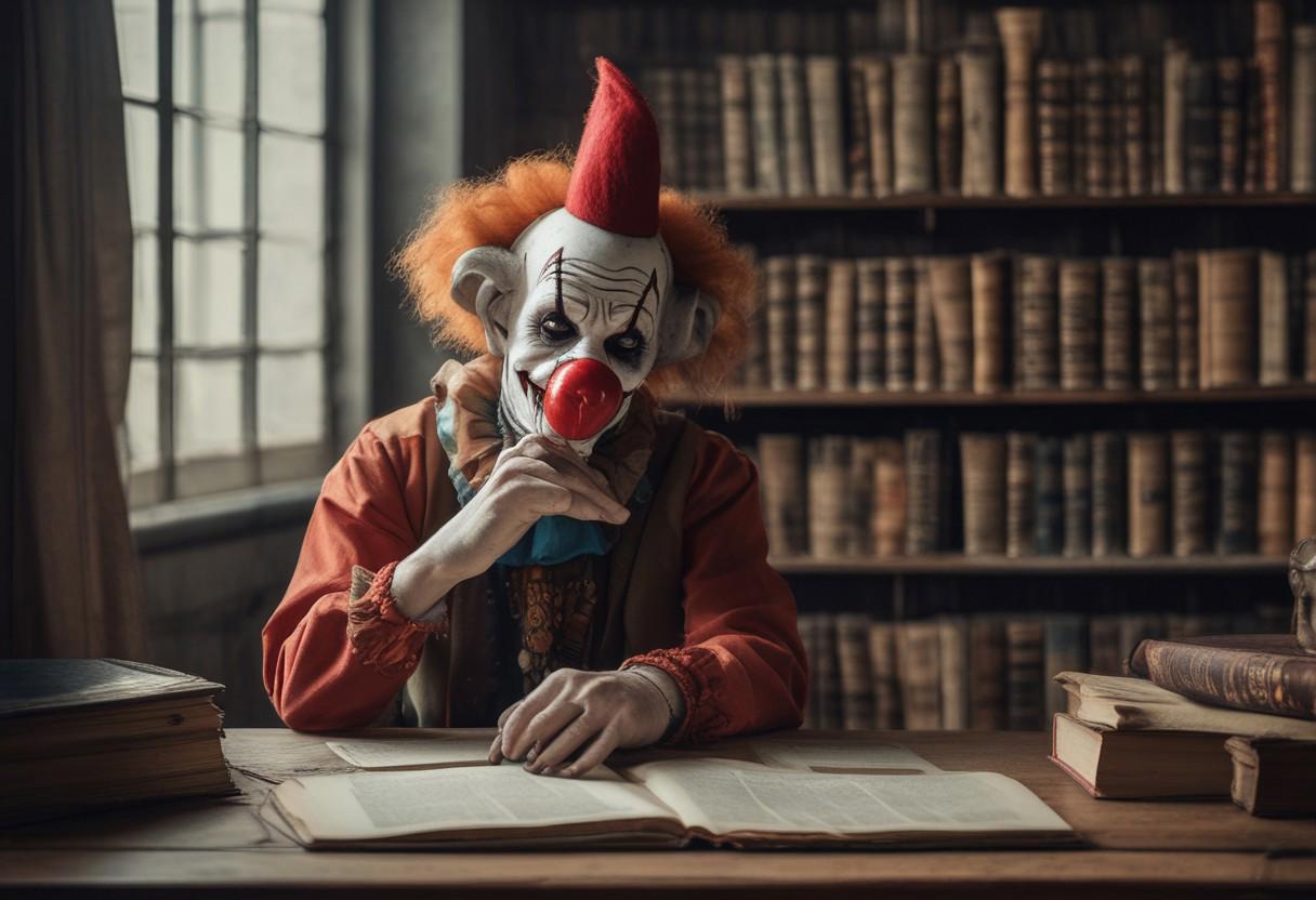 Create an image of a clown sitting quietly at a wooden table inside a dimly lit, old library. The clown, dressed in colorful yet slightly worn-out clothes, with exaggerated makeup and a red nose, is engrossed in reading a large, antique book. Rows of tall, dusty bookshelves filled with old volumes surround the scene, with soft light filtering in through tall windows. The clown's expression is focused and thoughtful, creating an intriguing contrast between the playful, chaotic nature of clowns and the calm, studious library setting.