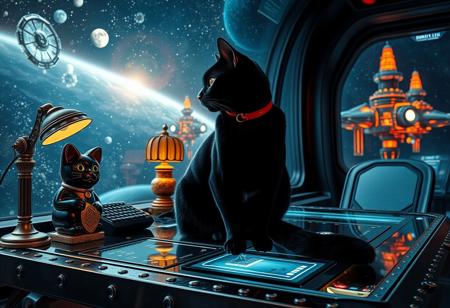 detailed close up of A sleek black cat with red collar sits on a cluttered metal riveted desk with transparent top and micro-LED lighted computer components visible inside, On the desk is an ebony and gold maneki neko statue and a classic ornate art deco lamp, the Black Cat is looking out of a seamless and futuristic floor to ceiling window, the scene out the window depicts nebulae and starships, the sleek black cat with red collar is sitting on the desk and looking out the window, An enormous art deco inspired starship with futuristic lighting and an enormous space station are visible in the background among the stars, Artistic cyberpunk, dynamic perspective, (((overall architectural aesthetic is Art Deco Cyberpunk))).  Epic image that elicits a feeling of wonder and awe, part of the interior is visible,