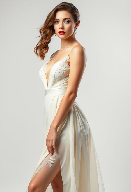 Beautiful female in a stunning light dress,  full body shot, elegant, Red lipstick, very realistic, high detailed, 8k