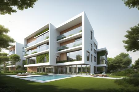 ((Best quality)), ((masterpiece)), ((realistic)), design a modern multi-story residential building that showcases the integration of green spaces and harmonizes with its surroundings. Envision a contemporary architectural masterpiece that embraces sustainable practices and promotes a sense of well-being. The design should seamlessly incorporate lush greenery and aerial gardens, creating a visually striking and environmentally friendly living environment. Picture the building nestled within an urban landscape, with natural daylight filtering through the foliage, casting a soothing and refreshing ambiance. As the artist, utilize architectural design and digital rendering techniques to bring this concept to life. Embrace a color scheme inspired by natural and earthy tones, further enhancing the building's connection to nature. Let the artwork reflect the innovative and forward-thinking approach to urban living, where modern design harmonizes with green spaces, creating a sustainable and aesthetically pleasing residential building