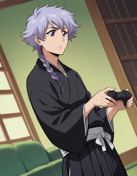 <lora:isane-kotetsu-anime-ponyxl-lora-nochekaiser:1>, isane kotetsu, short hair, braid, purple hair, purple eyes, hair braid, long sleeves, japanese clothes, kimono, haori, black kimono, hakama, black hakama,