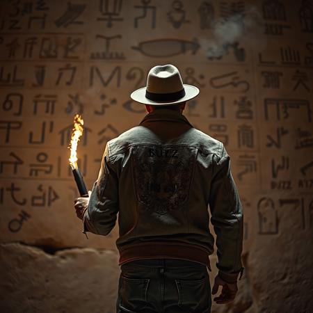 Shot with a full-frame DSLR, 85mm lens at f/1.8 for shallow depth of field, ISO 400, 1/100 shutter speed. slight post-processing  for deep shadows and neutral tone grading.
carved symbols in a old sandstone wall of a pyramid. ultra datailed ancient agyptian symbols and a small written "BUZZ". low angle back shot of a person wearing a fedora-style hat, a old dusty jacket and a old worn jeans. lighted only by a old-scool torch in his hand so his back is barely lit. you can clearly see the photo was shot in a pyramid because of the detailed and many symbols. some dust floating in the air. dim lighting makes the shot mysticaly and dramatic.