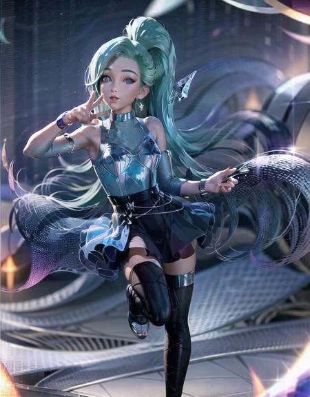 high detailed, 8k, highres, (k/da all out seraphine), (anime), league of legends, k/da \(league of legends\), 1girl, solo, aqua hair, gradient hair, multicolored hair, blue eyes, lips, long hair, long ponytail, ponytail, earrings, jewelry, armlet, bracelet, choker, ice wings, blue dress, layered clothing, black skirt, single bare shoulder, thighhighs, wedge heels