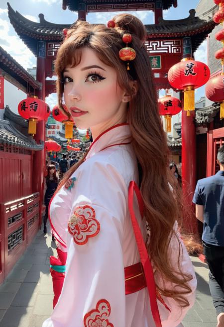 Belle Delphine, a professional photograph taken of a woman walking down china town