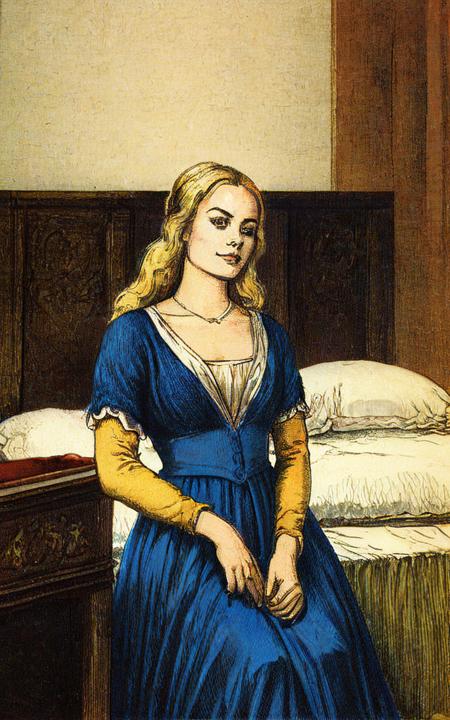 vintageillustration, margot robbie sitting on bed, 1400CE, 8k, very detailed, UHD, extreme details, margot robbie