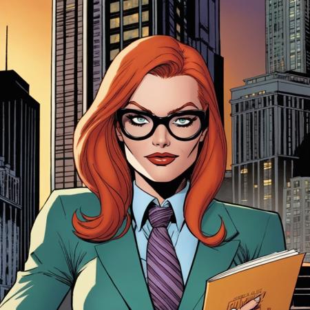 comic book art of  <lora:Barbara Gordon:1.2>
Barbara Gordon a woman with glasses and a tie In Gotham City, comic art, graphic novel illustration