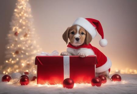 Sparkling lights Christmas background, 
cute baby puppy wearing Santa suit, 
gift box, 
emotional background photo, 
high quality background photo