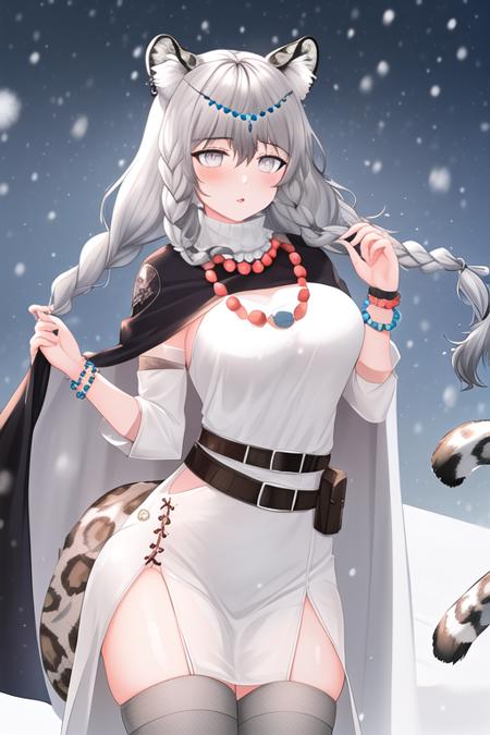 masterpiece, best quality, highres, solo, {pramanix_arknights:1.10}, long_hair, animal_ears, braid, leopard_ears, animal_ear_fluff, grey_eyes, twin_braids, bangs, jewelry, tail, white_hair, necklace, leopard_tail, grey_hair, very_long_hair, bell, holding, belt, breasts, hair_between_eyes, 1girl, dress, looking_at_viewer, white_dress, bead_necklace, beads, cape, pelvic_curtain, thighhighs, black_cape, grey_thighhighs, parted_lips, side_braids, cowboy_shot, snowing, wristband