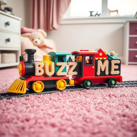 toy train, loaded with letters, driving on tracks, tracks on pink carpet, girls room, letters spell „BUZZ ME“