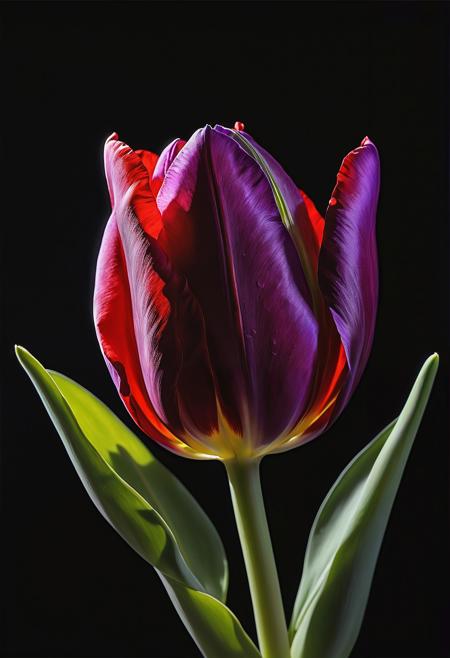 A  painting of a red and purple tulip beginning to open its petals, green stem and leaves, matte black background, backlighting