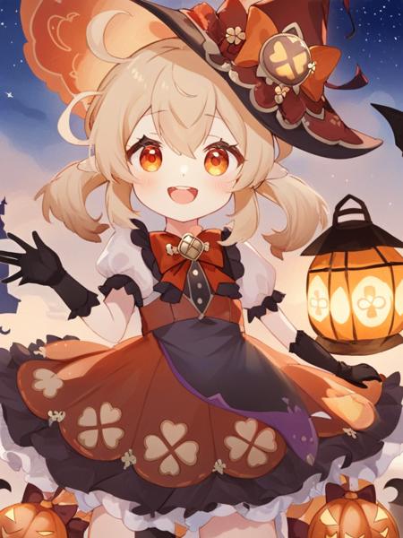 <lora:å¯è:1>ï¼1girl, witch_hat, hat, smile, gloves, solo, klee_\(genshin_impact\), long_hair, looking_at_viewer, black_gloves, bangs, hat_bow, short_sleeves, alternate_costume, bow, :d, clover_print, orange_eyes, light_brown_hair, ahoge, sidelocks, frills, twintails, low_twintails, puffy_sleeves, open_mouth, hair_between_eyes, symbol-shaped_pupils, halloween, lantern, puffy_short_sleeves, teeth, pointy_ears, ribbon, hair_ornament, red_bow, bowtie, sky, hat_ornament, night, halloween_costume, witch, dress