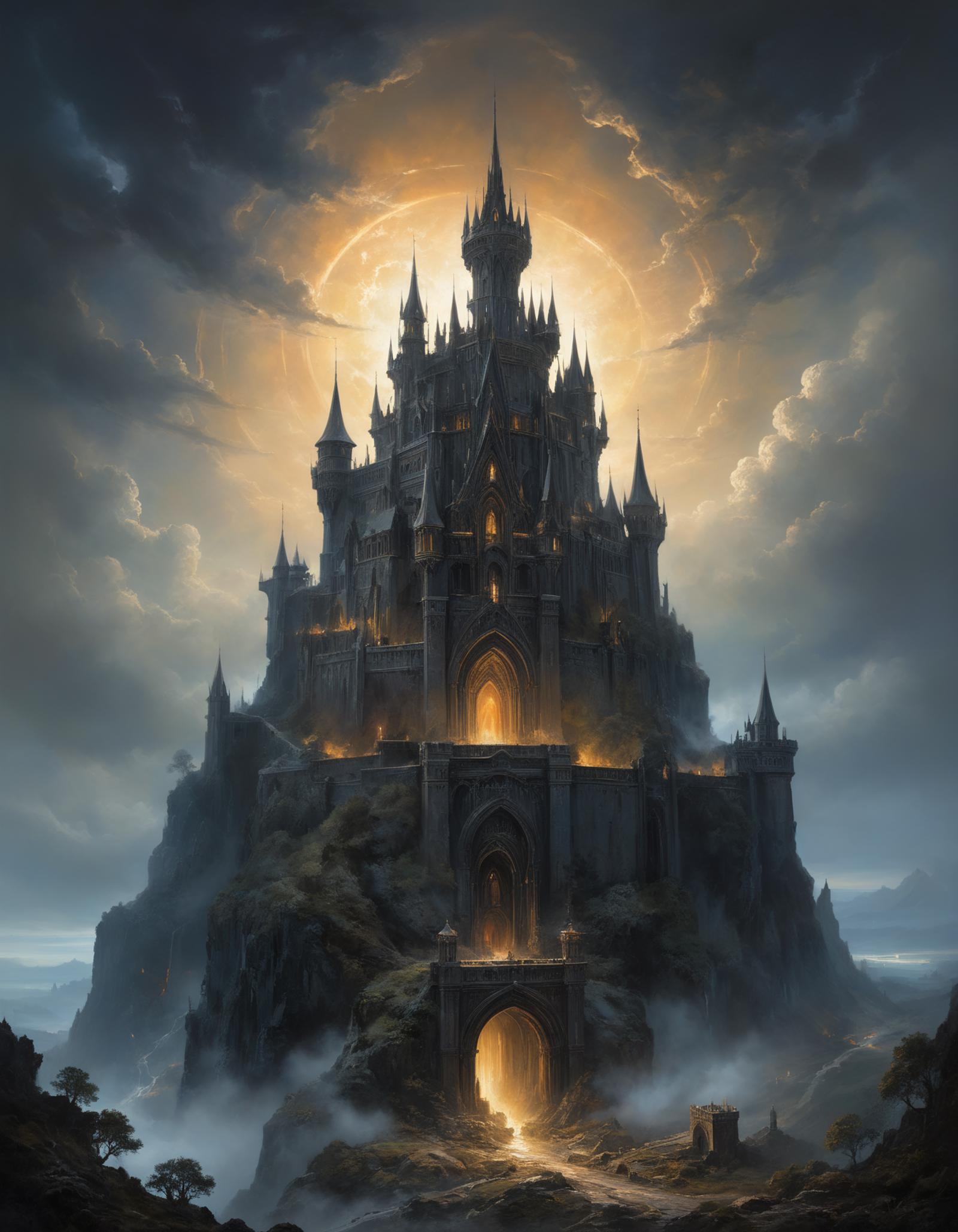 A Castle with a Glowing Sun in the Background