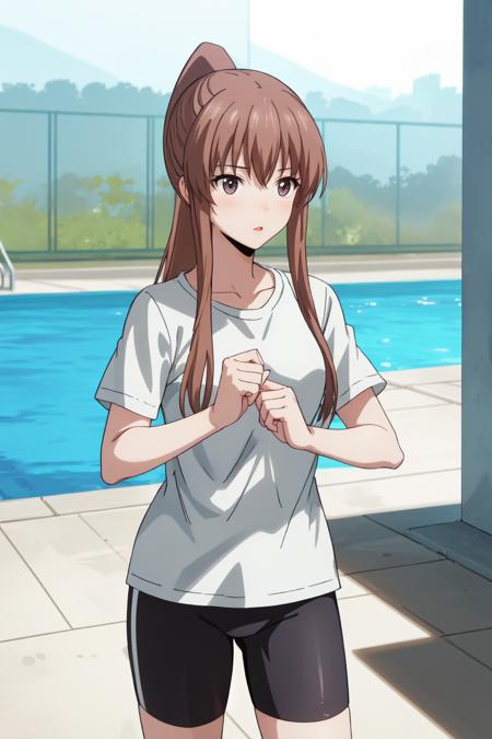 Kazane <lora:Kazane:0.8>, brown hair, long hair, (brown eyes:1.2), ponytail collarbone, swimsuit, one-piece swimsuit, barefoot front-tie bikini top, bikini, side-tie bikini bottom, barefoot t-shirt, bike shorts