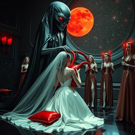 high-society elegant slender norvegian rich innocent young bride kneeling at whorish red glossy foil pillow from behind. She is ensnared by a towering, gray human-like alien, draped in a long, glossy black slime cloak, its eyes gleaming red with an otherworldly intensity.   its hands make her suckn its red thick slimy tentacle. Surrounded by strict ladies wearing  glossy satin dominatrix attire and glossy high heels,  holding red candles.   weird wet-look black slime  walls and floor, colossus observation blister to outer space full of stars, bright red moon, vintage-inspired makeup, long hairs, ultra thin waist, evil grin, porcelain skin, lipstick, red nails, in the style of a haunting, retro-futuristic 1950s sci-fi nightmare, horror, alien space base,,