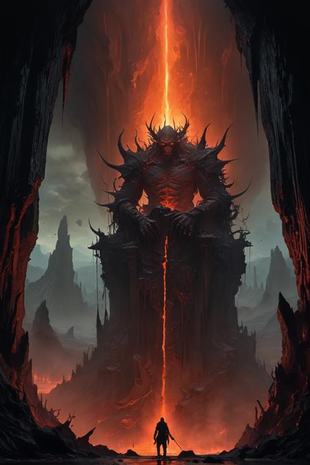A nightmarish landscape of eternal torment, vast caverns of smoldering rock stretch endlessly. Rivers of molten lava wind through jagged obsidian cliffs, casting an eerie red glow. Tortured souls writhe in agony, their ethereal forms twisted and contorted. Demonic creatures with leathery wings and razor-sharp claws patrol the skies. Columns of black smoke rise from burning pits, obscuring a ceiling of stalactites dripping with liquid fire. In the distance, a colossal throne of fused bones looms ominously, occupied by a shadowy figure emanating malevolence. The air is thick with ash and the acrid stench of brimstone. Chains of searing metal crisscross the cavern, binding the damned to their eternal punishment. Hyper-detailed, dark fantasy art style, influenced by Hieronymus Bosch and Wayne Barlowe.