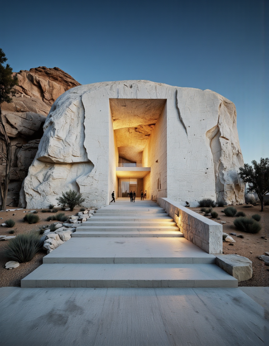 A modern architectural structure carved into a large rock formation in a desert setting. The entrance is a rectangular opening with smooth, clean lines, leading into a warmly lit interior. A series of wide, flat steps lead up to the entrance, with a low stone wall on the right side. Sparse desert vegetation, including bushes and small trees, surrounds the pathway. Several people are seen inside the entrance, adding a sense of scale to the impressive structure. 