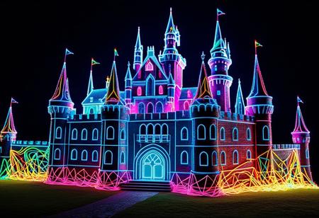end_tripwire_morph, neon, wires, made of wires, cables, outlined with wires and neon, neon outlines, wire sculpture, neon wire sculpture, no people, ultra detailed, 32k, UHD, vivid colors, high quality, sharp focus, castle.