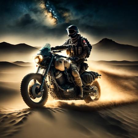 photo, a soldier on a motorcycle in the desert at night (armybiker style:1)  <lora:djzArmyBiker:0.8>