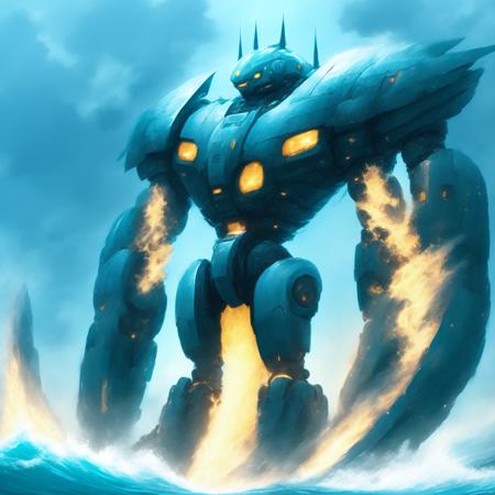 anime Massive Scale Pacific Rim Robot in the Ocean emitting flames, energy (OceanicRim style:1) <lora:djzOceanicRim:0.8)