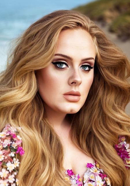 adele, (sharp focus:1.2), portrait, attractive young woman, (beautiful face:1.1), detailed eyes, luscious lips, (eye makeup:1.2), (tight body:1.2), (blonde hair:1.2), wearing (flowery dress:1.2) at (the beach:1.2). (morning sun lighting:1.2), depth of field, bokeh, 4K, HDR. by (James C. Christensen:1.2|Jeremy Lipking:1.1).