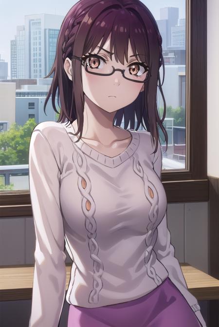 sumikafujimiya, <lora:sumika fujimiya s1-lora-nochekaiser:1>,
sumika fujimiya, (brown eyes:1.5), purple hair, braid, glasses, semi-rimless eyewear, under-rim eyewear,
BREAK sweater, long sleeves, collarbone, skirt, purple skirt,
BREAK indoors,
BREAK looking at viewer, (cowboy shot:1.5),
BREAK <lyco:GoodHands-beta2:1>, (masterpiece:1.2), best quality, high resolution, unity 8k wallpaper, (illustration:0.8), (beautiful detailed eyes:1.6), extremely detailed face, perfect lighting, extremely detailed CG, (perfect hands, perfect anatomy),