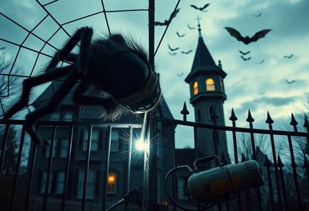 Twilight. A magical spider-like creature with a human bearded head and eight hairy human arms is holding onto the metal bars of a large gate in the shape of a spider web. The creature welds the bars of the gate with a portable gas arc welding machine. The gas cylinder of the welding machine is fixed on the back of the creature. He wears welder's safety glasses. A mansion in the form of a typical haunted house is visible outside the gate. The dark windows of the mansion. Only the window in the tower of the mansion glows with an alarming light. Ghostly silhouettes of bats flicker in the sky above the mansion.