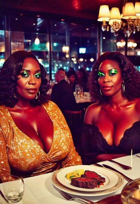 ()Hyoer Realistic:2.0)Polaroid picture of 
 image of an upscale steakhouse, where( a group of Beautiful mature, busty black women, each with a voluptuous figure :1.85) gather around a lavish table, (savoring their juicy steaks:1.50). Unbeknownst to them, the (restaurant's steak is infused with a green, hypnotic glowing slime:1.85) that seeps into their minds.
As they dine, (((their eyes become a solid glazed color:1.45)), and they become entranced, their faces slackening into a serene, obedient expression:2.45). The waitress, aware of the gel's effects, subtly guides them to leave extravagant tips, far exceeding the total bill.