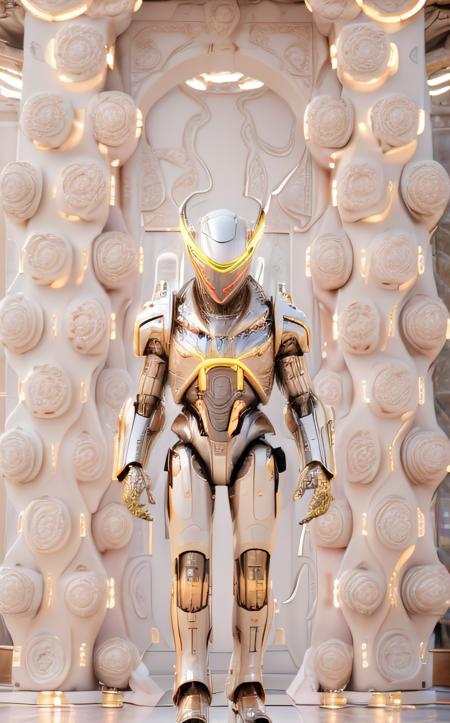 cinematic film still ((bright neon colors)), (top-quality, 8K, masterpiece:1.3) A photo of a sleek, humanoid robot, playing a musical instrument, wearing a stylish jacket, on a modern stage taken with a prime lens highly detailed, detailed skin, dramatic spotlighting <lora:IvoryGoldAIv2:1> ivory gold <lora:Niji:1> mecha . shallow depth of field, vignette, highly detailed, high budget, bokeh, cinemascope, moody, epic, gorgeous, film grain, grainy