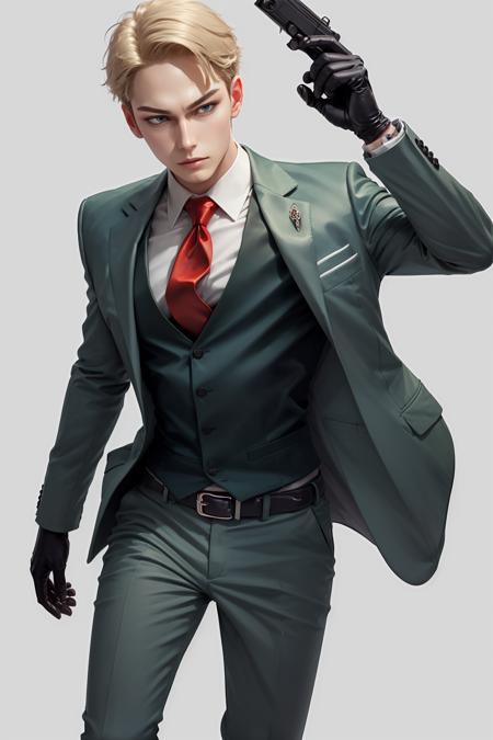 agent_twilight, masterpiece, best quality, (colorful), solo, simple background, shirt, gloves, holding, closed mouth, jacket, weapon, open clothes, necktie, black gloves, belt, pants, holding weapon, vest, gun, formal, suit, holding gun, handgun, green vest<lora:agent_twilight-v2-10:1>