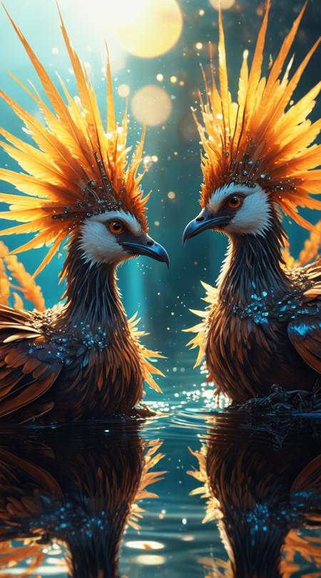 Flame-feathered phoenixes, devising a master plan, Underwater shimmer, severe with extreme conditions, pale and delicate creams, mirror reflection self-view, medium close-up with bokeh effect, steampunk retrofuturism, spiky thorn prickles, flare of sun rays, underexposed shadow mystery, matte painting skyline.