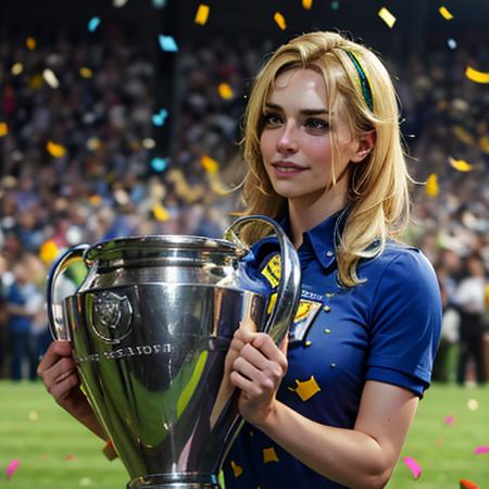 <lora:championsleague:0.75>, a woman is holding a handled trophy in her hands on a field of grass with a crowd watching from the stands, (thin:1.2), blonde hair, (confetti:1.3)